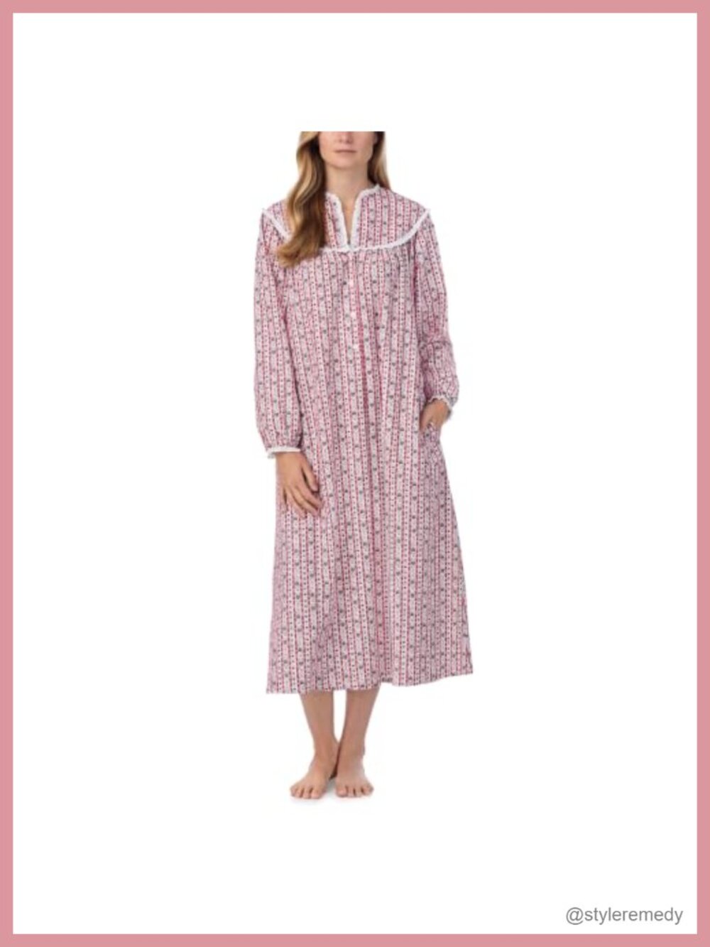 100% Cotton Flannel Long Sleeve Nightgown Eyelet Lace V-Neck